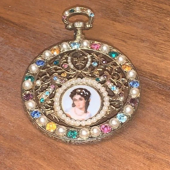 VTG Limoges Brooch Pin Pocket Watch Design‎ Hand Painted Porcelain Lady Portrait