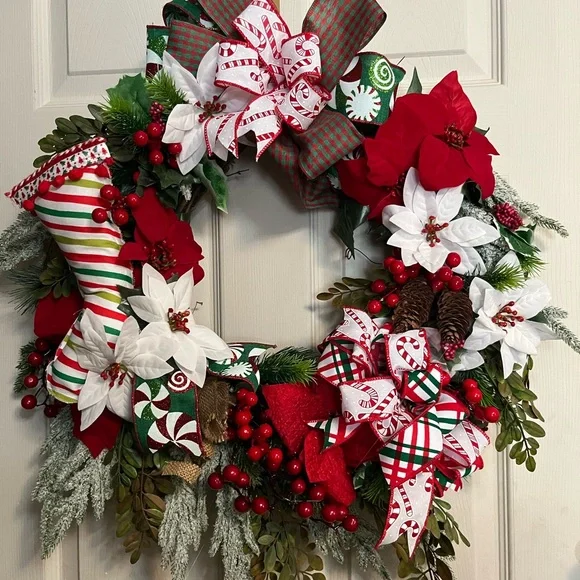 Festive Holiday Wreath with Red and White Accents