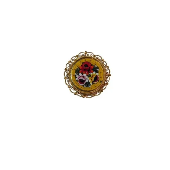 VTG Italian Micro mosiac brooch pin ornate filagree round yellow & floral marked