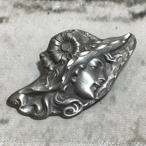 Lapel Pin‎ Brushed Metal Woman In Fancy Hat Long Hair