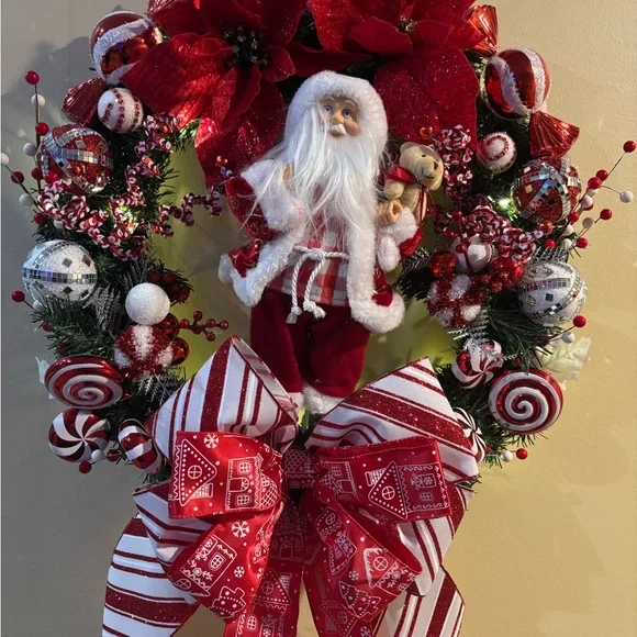 Festive Santa Holiday Wreath with Red Accents