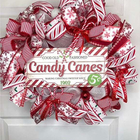 Festive Red and White Candy Cane Wreath