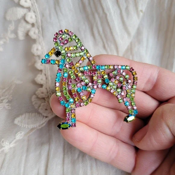 Vintage 1950s Czech Crystal Rhinestone Poodle Dog Brooch Multi Color Pot Metal