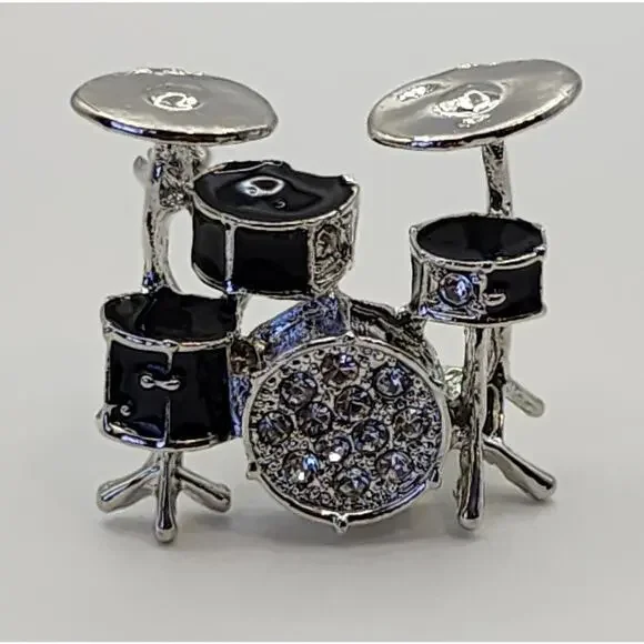 Drum Set Brooch Enamel & Rhinestones Musical Instrument Music Rock Band