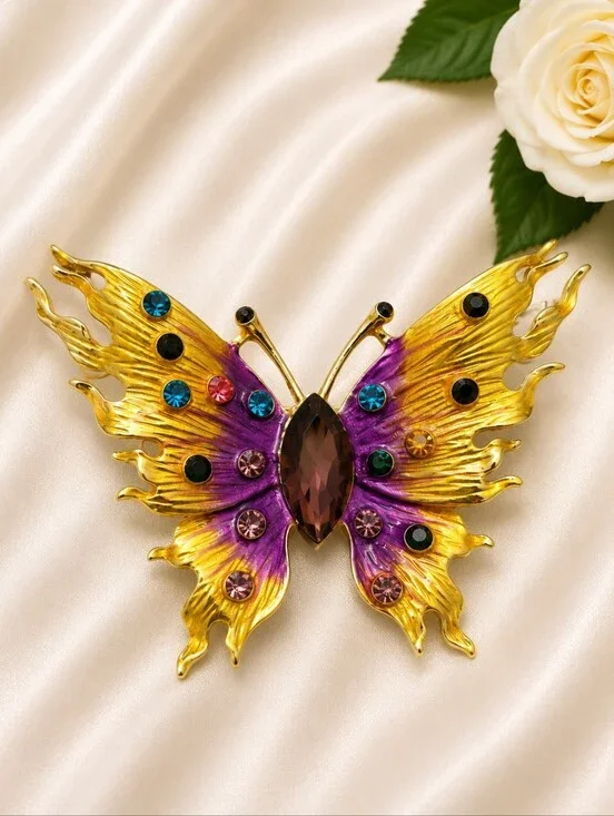 Purple & Gold Butterfly Rhinestone Brooch Pin | Statement Fashion Jewelry