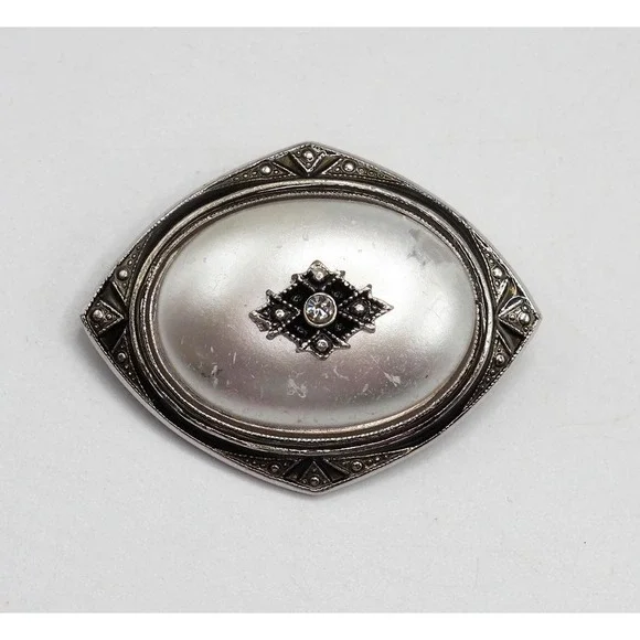 Avon Vintage Art Deco Faux Pearl Rhinestone‎ Brooch Scarf Slide Silver Tone