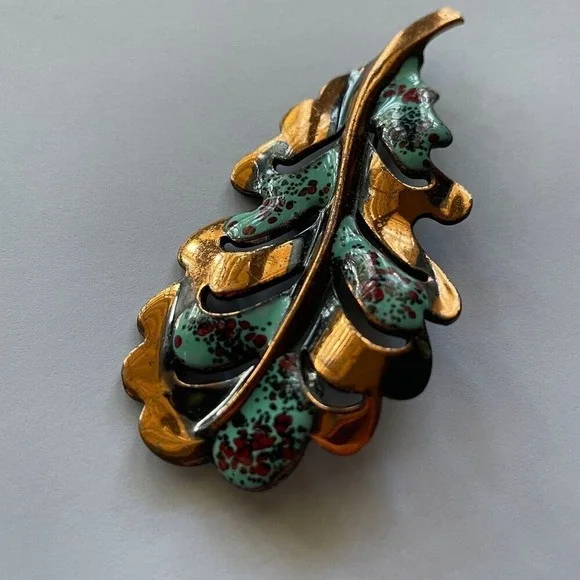 ❗️FINAL SALE❗️ Copper Green Enamel‎ Leaf Brooch Pin Floral Jewelry Pin