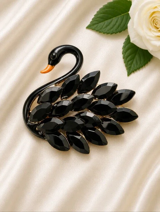 Black Swan Crystal Brooch Pin | Elegant Statement Jewelry