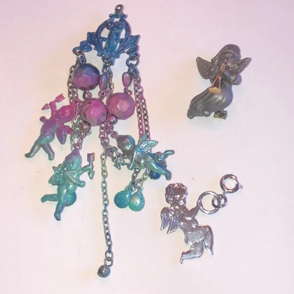 Angel Pins & Charm Colorful Boho Brooch Pewter Shoulder Pin Silver Tone Charm