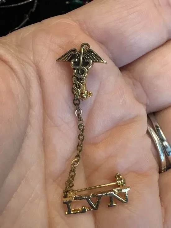 Vintage Gold Tone Caduceus LVN Nurse Pin Chain Dangle Lapel Brooch Medical