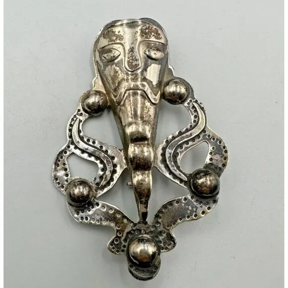 Vintage Mask Brooch Sterling Silver Tribal Face Figural Abstract Ethnic Artisan