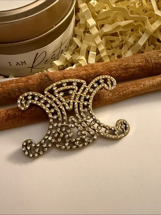 Fashion Jewelry Gold Crystal Double-Scroll Brooch