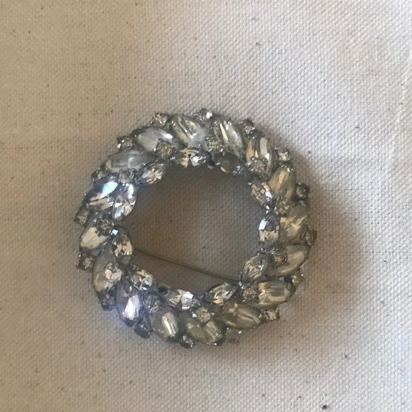Vintage Rhinestone Christmas Wreath Brooch Clear Navette Stones  2 1/4” diameter