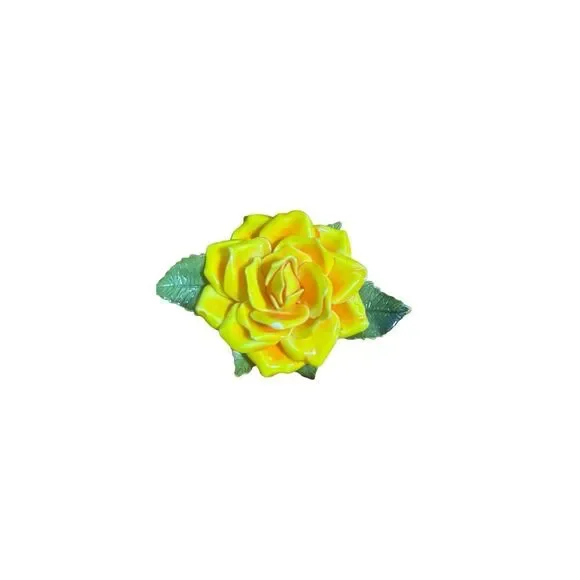 Vintage Yellow Rose Enamel Flower Brooch Green Leaves