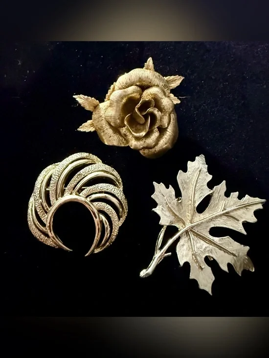 Vintage Gold Tone Brooch Pin Lot Rose Leaf Spiral Costume Jewelry