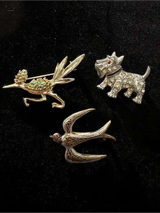 Vintage Animal Brooch Pin Lot Dog Bird Roadrunner Rhinestone Gold Silver Tone