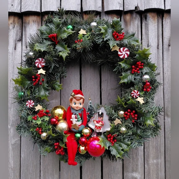Handmade vintage Christmas green holiday wreath ornaments stars & elf 17