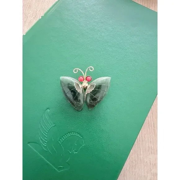 Vintage Nephrite Jade Butterfly Brooch Pendant with Red Beads & Gold Tone