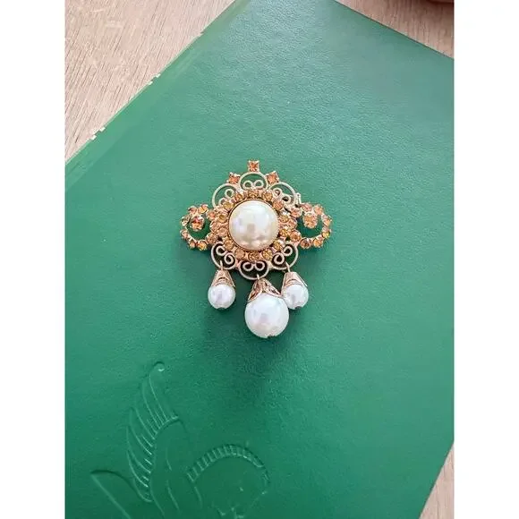 Vintage Gold Faux Pearl and Amber Rhinestone Brooch