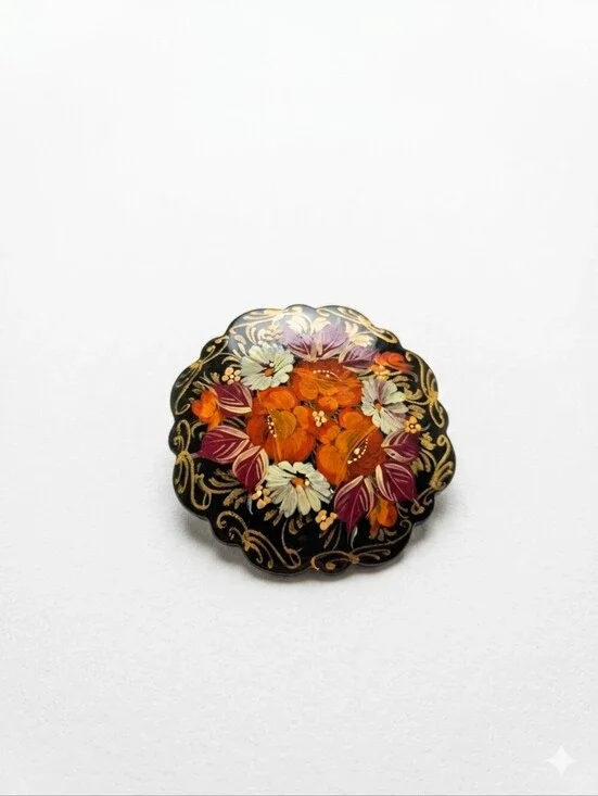 Vintage Russian Khokhloma Hand Painted Floral Lacquer Brooch Black & Gold