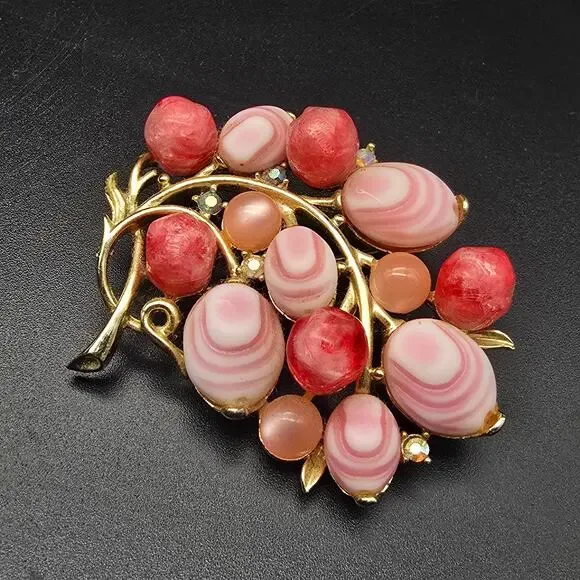 Pink Molded Glass Faux Pearl Brooch Flowers Bouquet Vintage Jewelry
