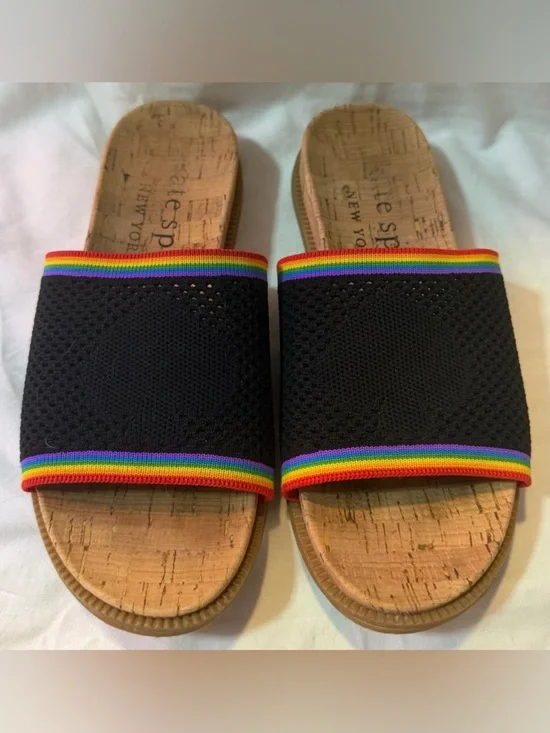 Kate Spade New York Wren Rainbow Black Multicolor Knit Cork Slide Size 6