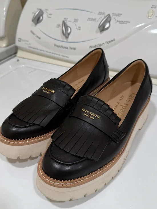 kate spade Black Leather Kiltie Platform Loafers with Cream Sole