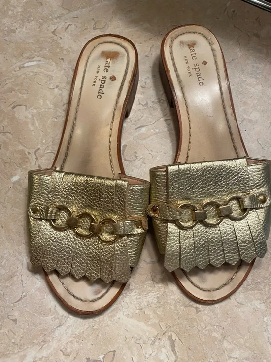 kate spade Gold Metallic Fringe Slide Mules