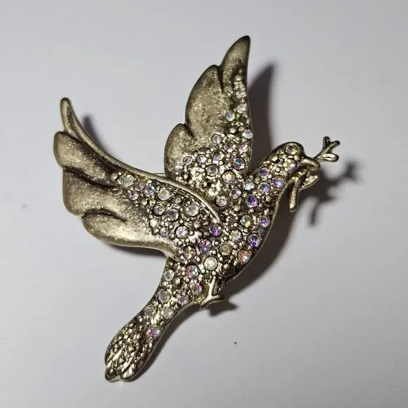 Gold Tone Aurora Borealis Rhinestone Dove Brooch