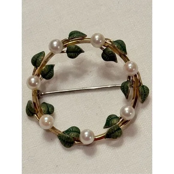 Vintage Krementz Wreath Pearl Green Leaf Gold Fill Brooch