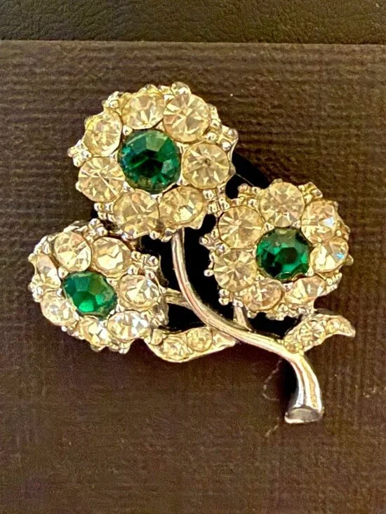 Vintage Silver Tone Rhinestone Flower Brooch Green Floral Pin 1960s