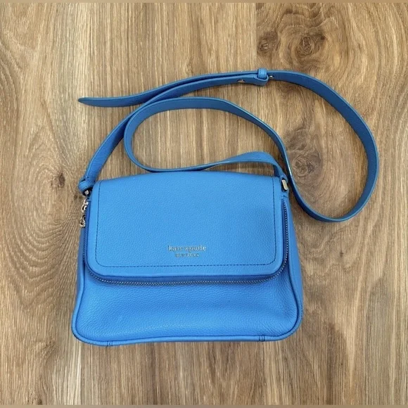 Kate Spade Run Around Large Flap Crossbody Blue Tidepool Leather EUC