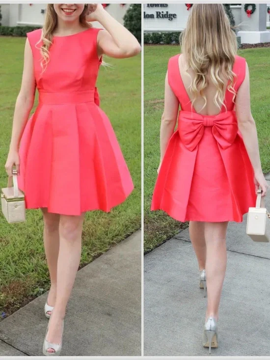 Kate Spade Satin Red Open Back Silk Blend Mini Dress Geranium Bow Dress Sz 0
