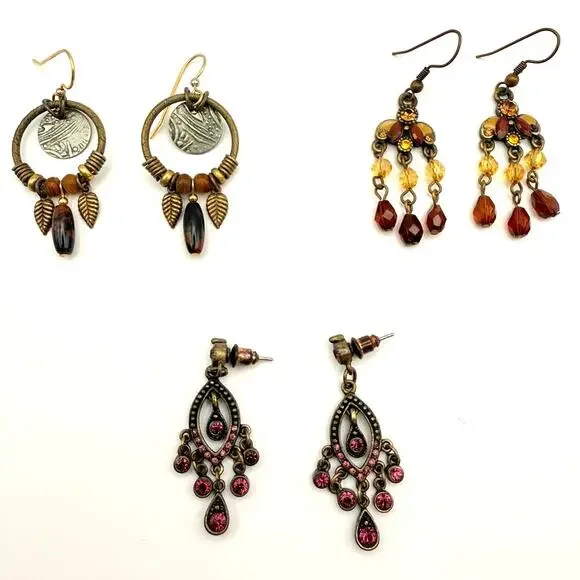 Lot of 3 Vintage Victorian Style Brass Boho Crystal Chandelier Dangle Earrings