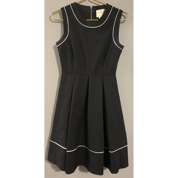 Kate Spade Black Fit and Flare Dress White Piping Gold Back Zip Size 2