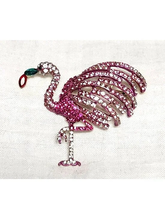 Vintage Pink Rhinestone Flamingo Brooch Pin Florida Beachy Summer Jewelry