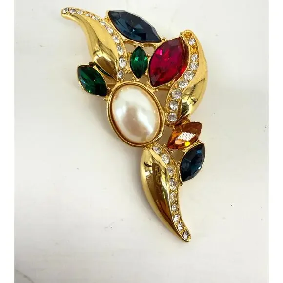 Blazer Brooch Colorful Jewel Tone Rhinestone Faux Pearl  Monet 3 Inch Statement