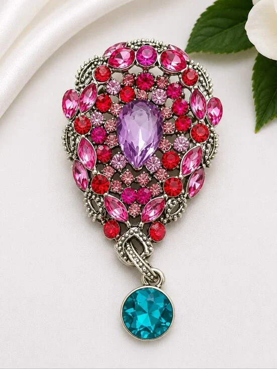 Pink Crystal Balloon Brooch Pin | Silver Tone | Statement Rhinestone Brooch