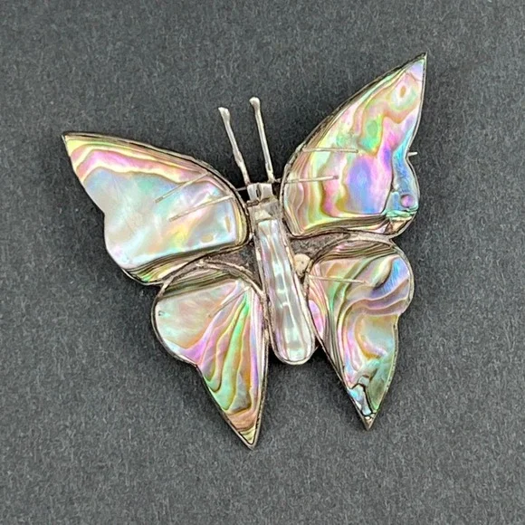 Vintage Butterfly Brooch Mexico Sterling Silver Abalone Shell Insect 2