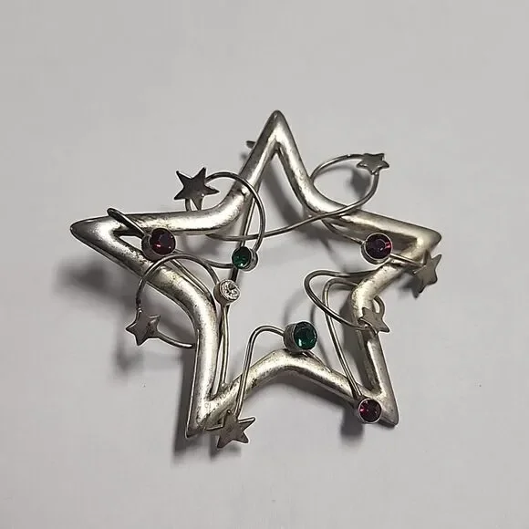 Vintage Silver Tone with Red and Green Rhinestones Star Christmas Brooch