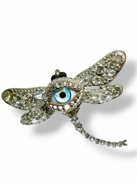 Dragonfly & Eye of Protection Brooch Pendant Handmade Glass Iris & Rhinestones