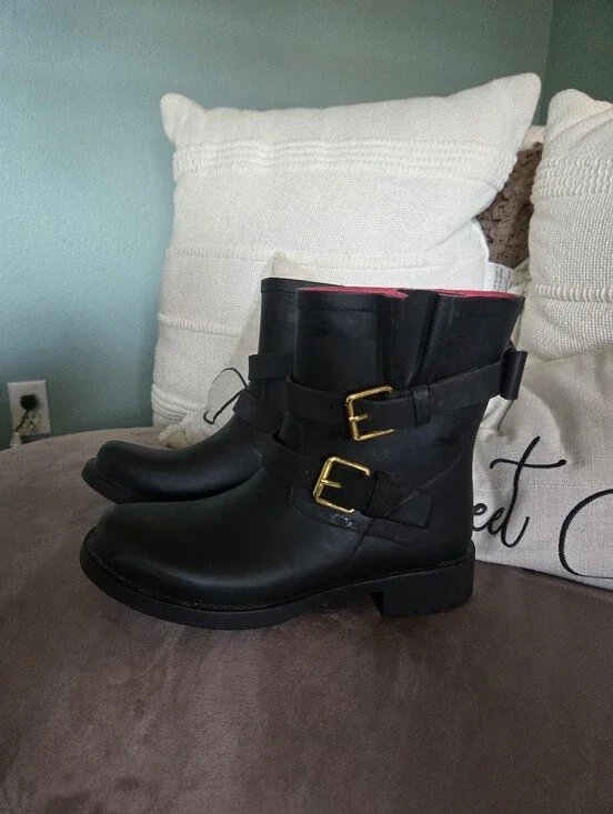 kate spade Black Leather Ankle Buckle Boots with Gold Hardware