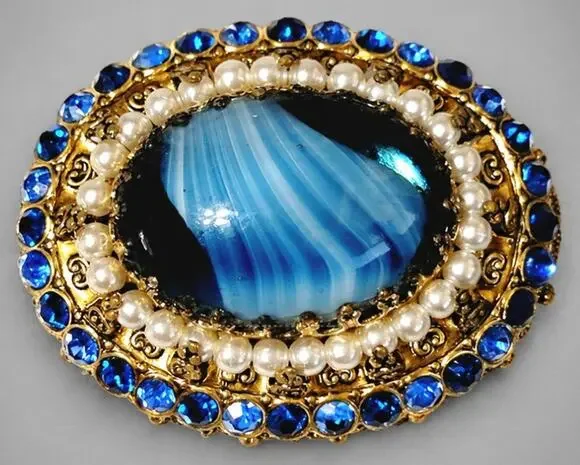 Stunning Blue Slag Glass Brooch Pin Rhinestones 2