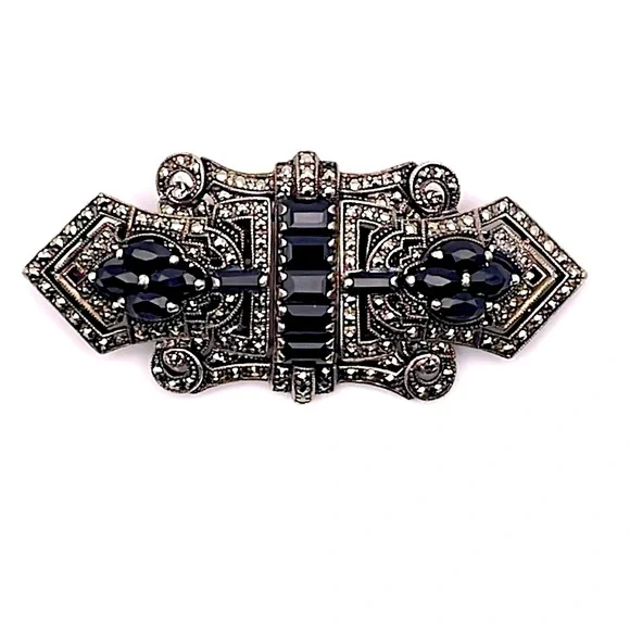 Vintage Art Deco Convertible Sterling Brooch Duette Dress Clip Set Black Crystal