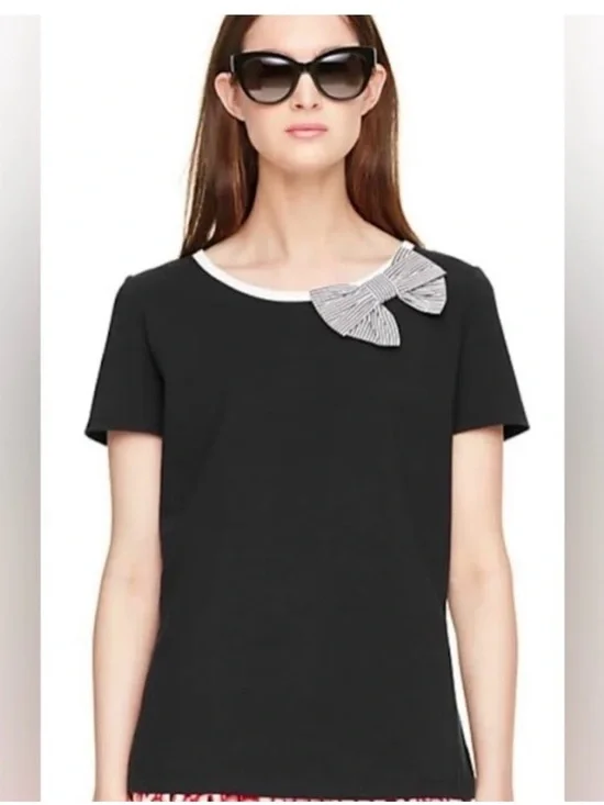 Kate Spade Broome Street Black White Bow Stretch T-Shirt - XS