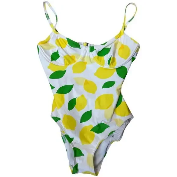 Kate Spade Yellow Ivory Lemon Print One Piece Swimsuit Women's Size M NWT