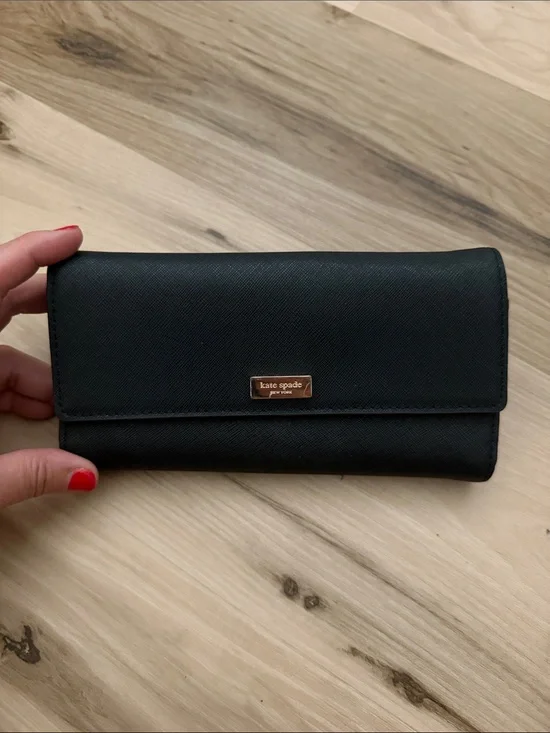 kate spade Black Saffiano Trifold Wallet with Gold Plaque