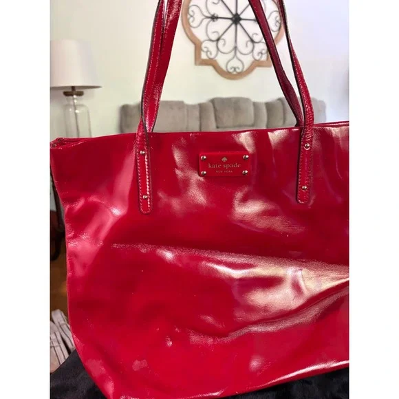 Kate Spade New York Red Patent Leather Tote Bag Polka Dot Lining Shoulder Bag