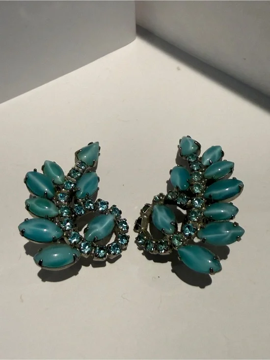 Vintage 1950s Blue Milk Glass Marquise Clip On Earrings Rhinestone Leaf Spray