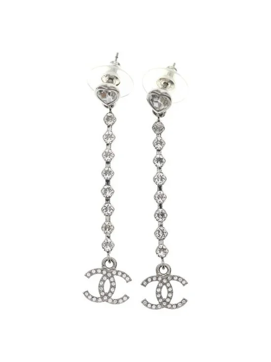 Chanel CC Logo Heart Rhinestone Drop Earrings Silver